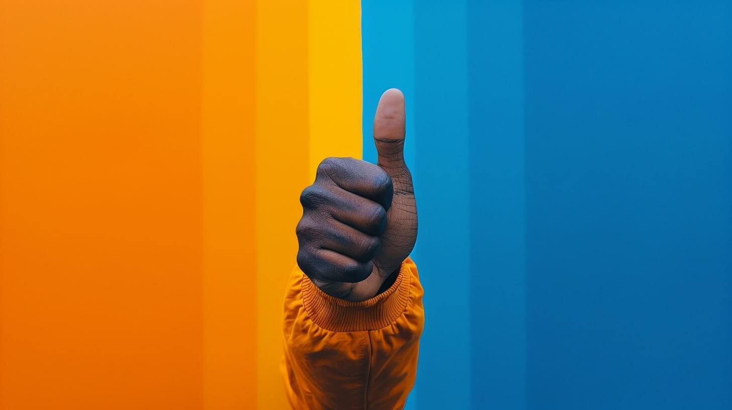 Een hand steekt zijn duim omhoog tegen een levendige achtergrond van verticale oranje en blauwe strepen, wat doet denken aan LinkedIn's professionele flair. De persoon draagt een oranje jasje dat perfect past bij de linkerkant van de scène.