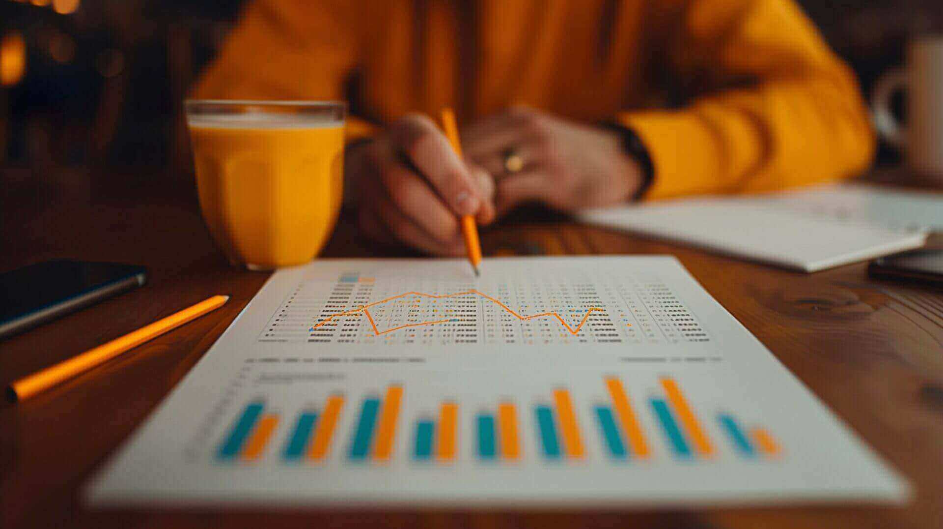 Hand die een oranje pen gebruikt om grafieken te tekenen op een papier.