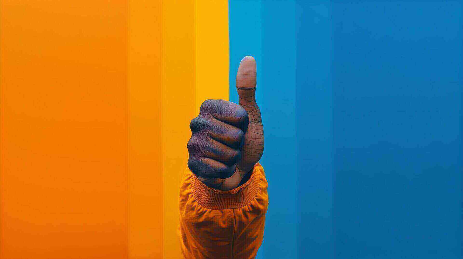 hand-duim-omhoog-oranje-blauw-achtergrond-social-masterclass Een LinkedIn hand met een donkere huid geeft een duim omhoog tegen een achtergrond die verticaal verdeeld is in stroken van verschillende tinten oranje en blauw.