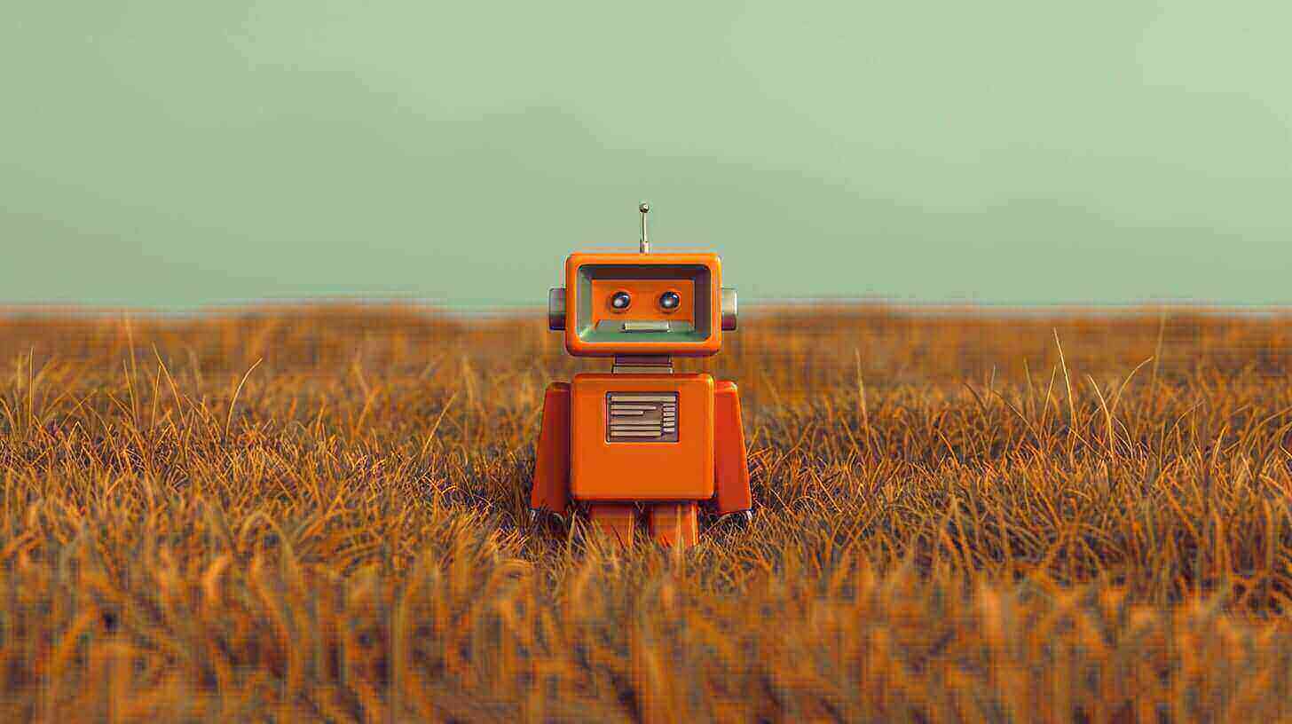 Een kleine oranje robot met een vierkante kop en lichaam staat midden in een grasveld onder een bewolkte hemel en lijkt op iets uit de verbeelding van ChatGPT-4o. De robot heeft een eenvoudige gezichtsuitdrukking met grote blauwe ogen en een antenne bovenop zijn hoofd. Het gras eromheen is hoog en goudbruin.