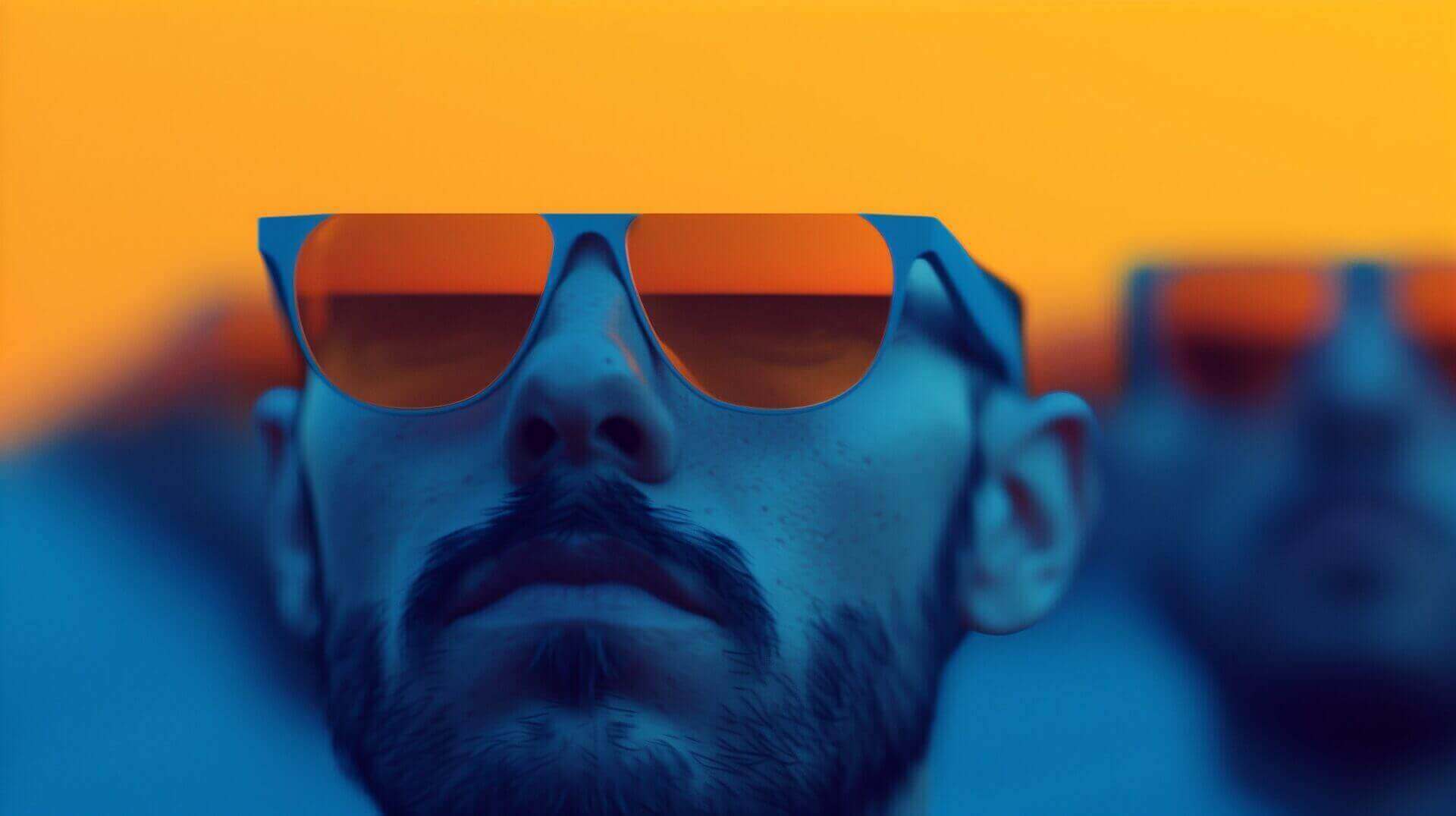 Een close-up van een man met een volle baard die een blauw frame zonnebril met oranje getinte glazen draagt. De achtergrond is fel oranje.
