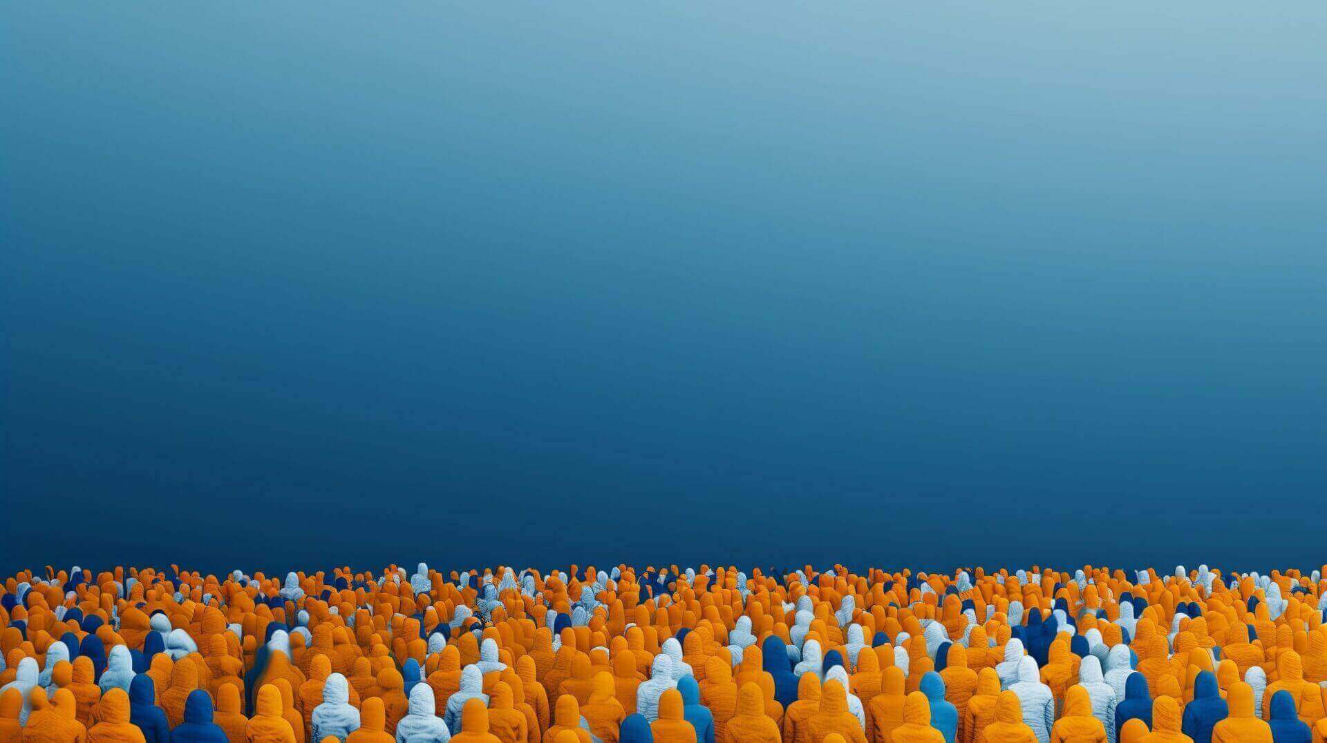 Massa van mensen in oranje, witte en blauwe kleding, kijkend naar een egale blauwe lucht. De menigte vult de onderste helft van de foto.