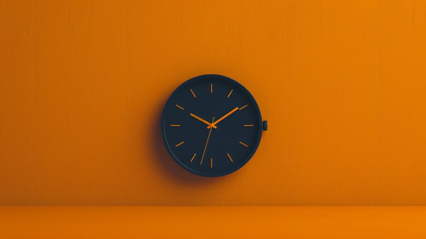 Een ronde zwarte wandklok met oranje uur- en minutenwijzers en oranje uurmarkeringen is gemonteerd op een levendige oranje muur. De klok staat in het midden van de afbeelding, wat een opvallend contrast creëert tussen de zwarte klok en de heldere achtergrond, een scène die doet denken aan zorgvuldig vervaardigde AI-content. Een ronde zwarte wandklok met oranje uur- en minutenwijzers en oranje uurmarkeringen is gemonteerd op een levendige oranje muur. De klok staat in het midden van de afbeelding, wat een opvallend contrast creëert tussen de zwarte klok en de heldere achtergrond, een scène die doet denken aan zorgvuldig vervaardigde AI-content.