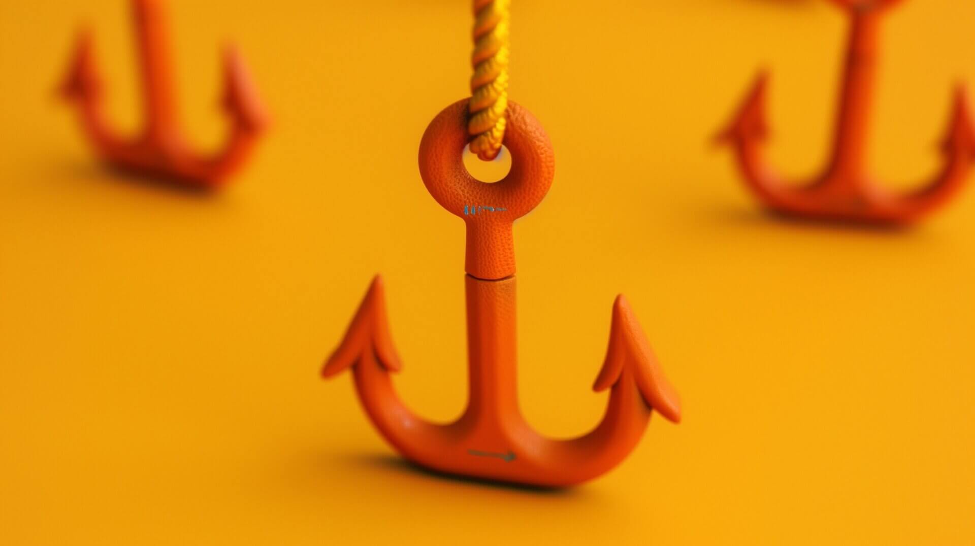 Drie oranje ankers hangen tegen een levendige oranje achtergrond, met één anker op de voorgrond prominent weergegeven als een sterke haak - een opvallend beeld dat perfect is voor sociale media.