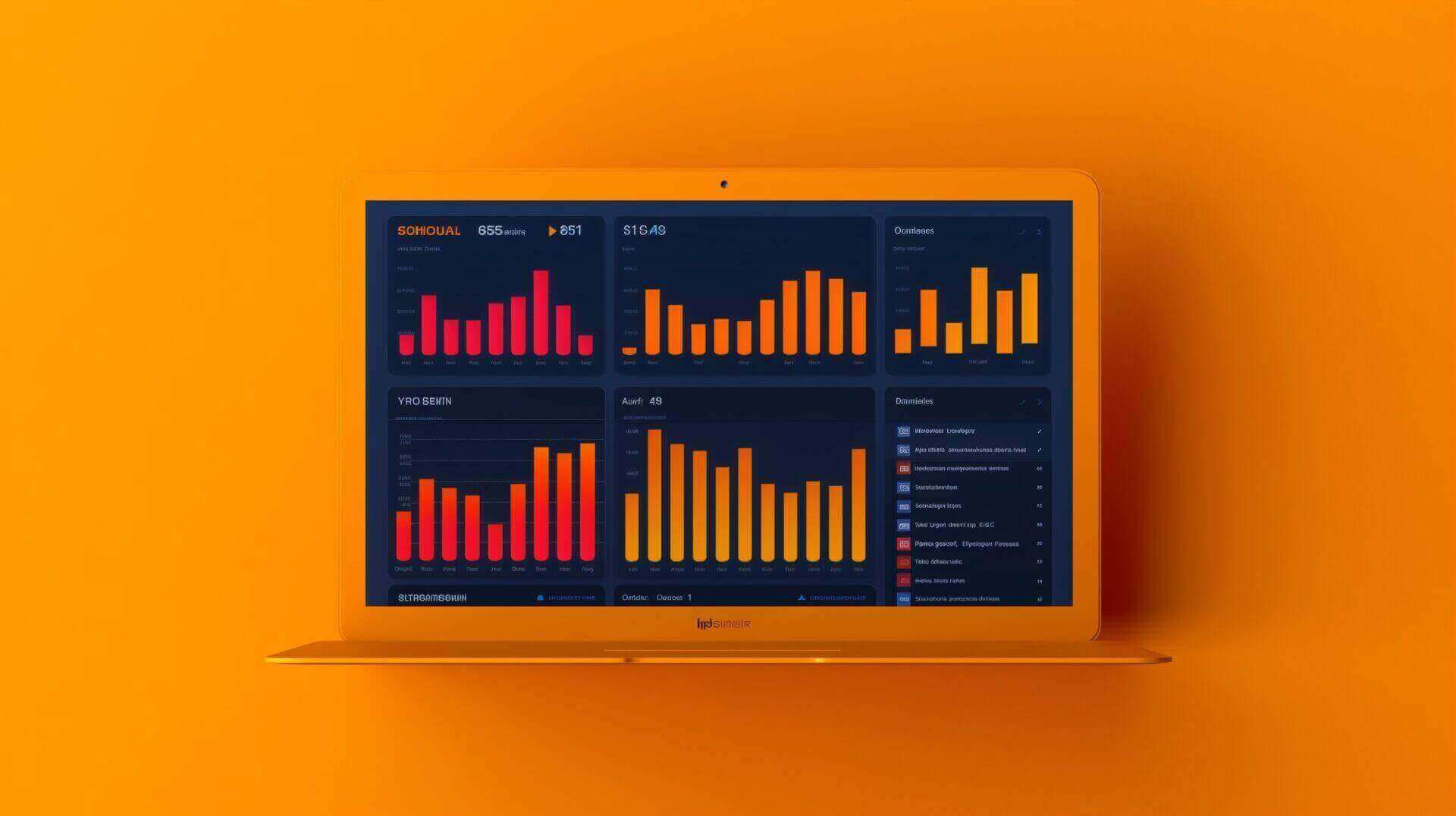 Oranje laptop met verschillende grafieken op het scherm.