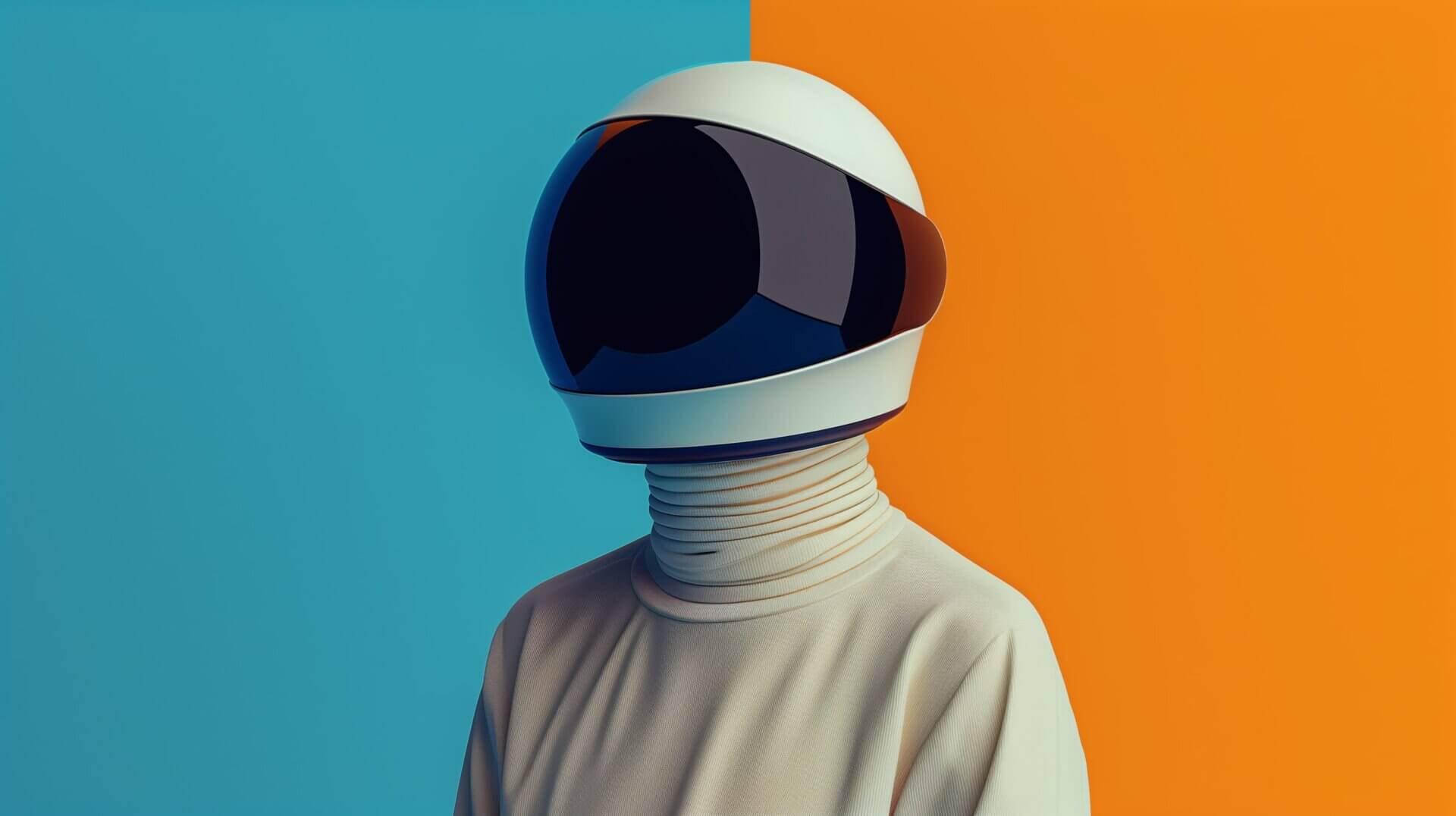 Een persoon in een futuristische, gladde witte helm met een donker vizier staat tegen een gespleten achtergrond van blauw en oranje. De inhoud van de scène wordt verhoogd door hun hooggesloten, lichtgekleurde outfit die het strakke ontwerp van de helm perfect aanvult.