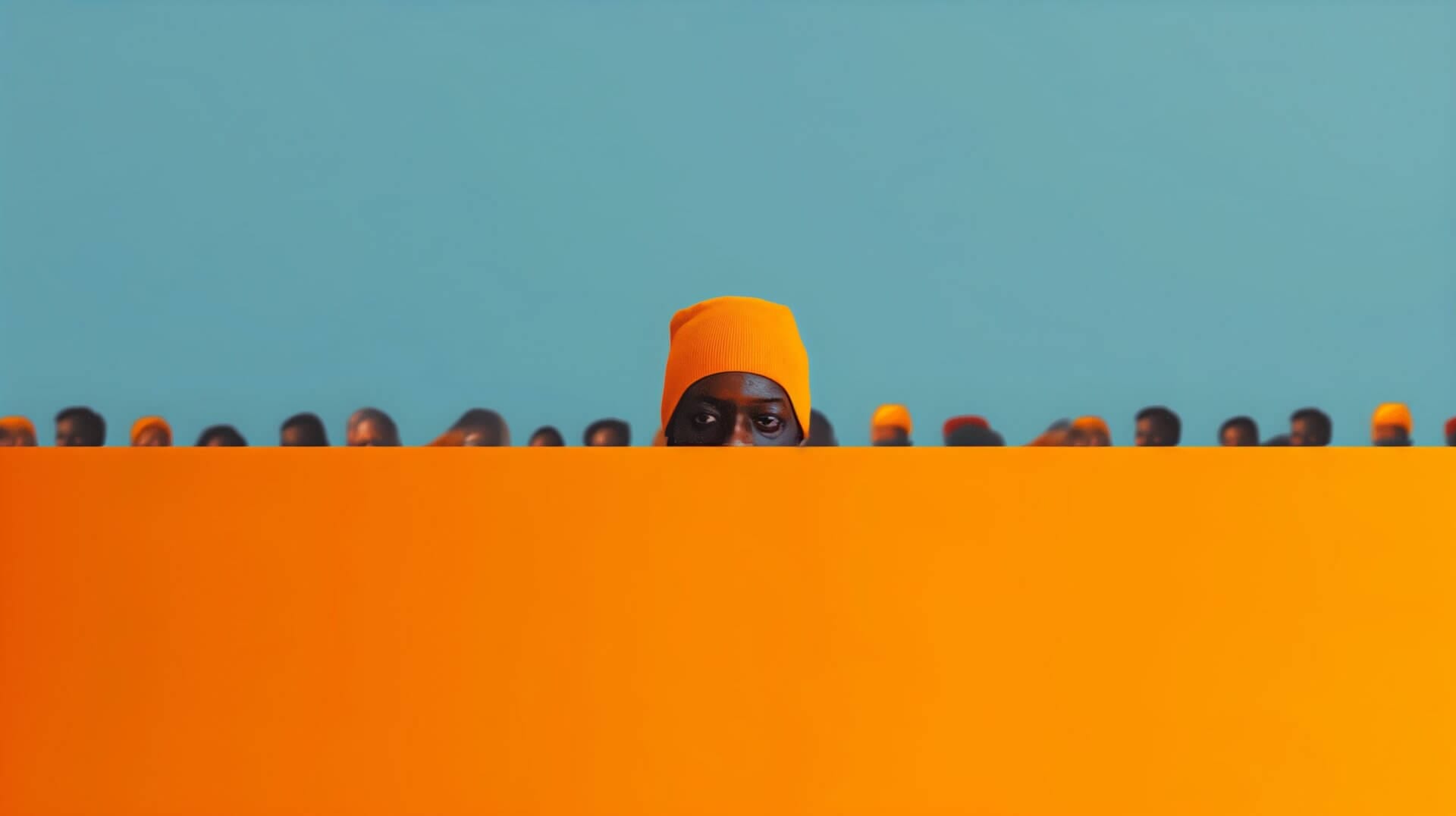 Een persoon met een oranje hoed, gedeeltelijk zichtbaar achter een groot oranje oppervlak, valt op tegen een achtergrond die doet denken aan de levendige stijl van TikTok, met meerdere vergelijkbare hoeden verspreid tegen de opvallende blauwe muur.