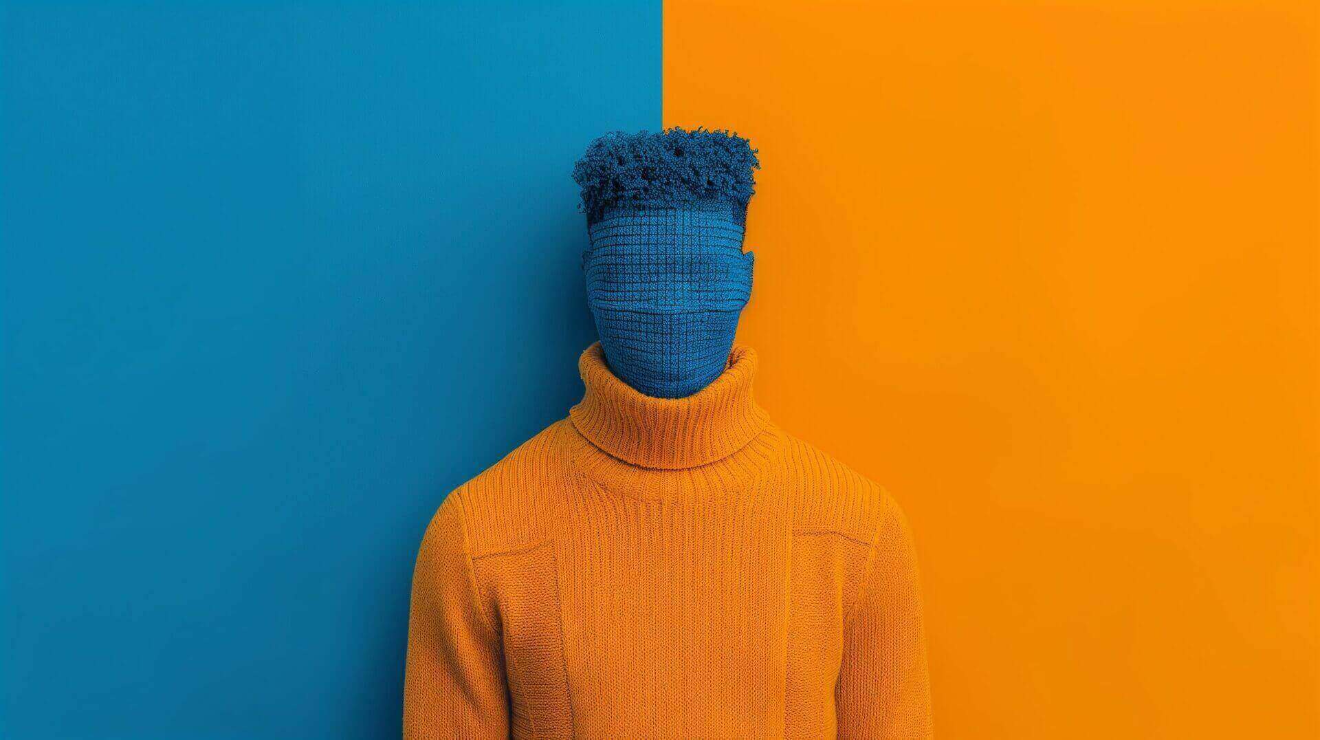 persoon-oranje-coltrui-blauw-gezicht-social-masterclass Een persoon draagt een oranje coltrui en heeft een blauw gezicht dat lijkt te zijn gemaakt van een geweven stof. De achtergrond is in twee kleuren verdeeld: blauw en oranje.