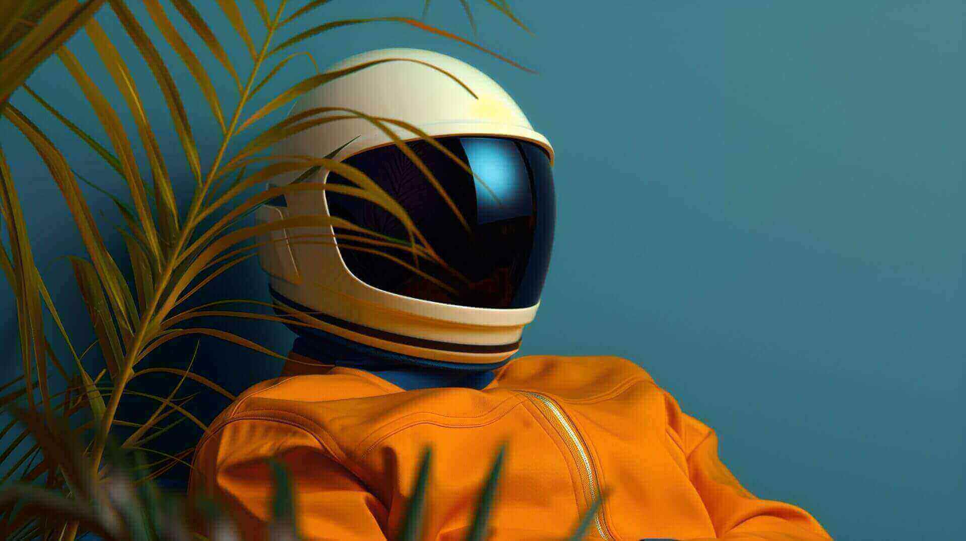 Persoon met een witte helm en een oranje outfit leunt tegen een muur met groene planten op de voorgrond en een blauwe achtergrond.