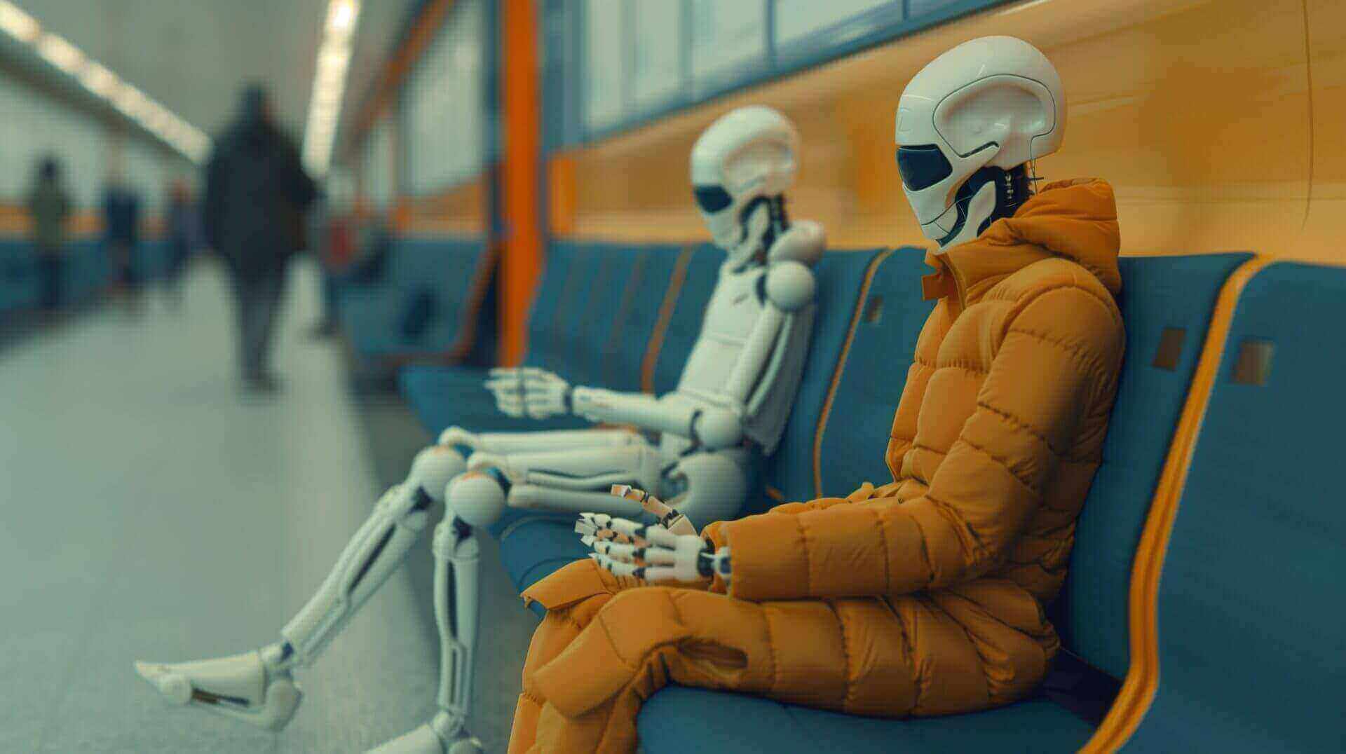 Twee robots zitten op blauwe stoelen in een metrostation. De ene robot draagt een oranje jas, terwijl de andere wit is. De achtergrond is een onscherpe weergave van een metrostation met mensen.
