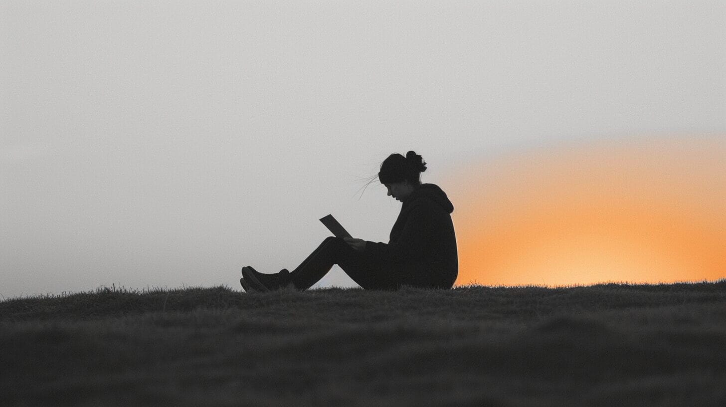 Een silhouet van een persoon die op een grasveld zit, verdiept in het lezen of het gebruiken van een laptop, mogelijk werkend aan AI-content, tegen de achtergrond van een serene zonsondergang. De lucht is een zachte gradiënt van kleuren die overgaan van warm oranje naar koel grijs.