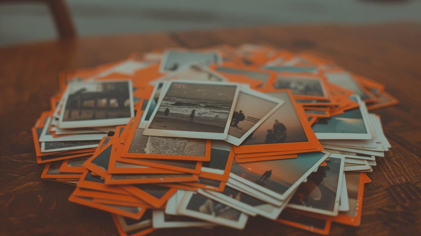 Een nostalgische Instagram-carrousel komt tot leven met een stapel oranje-omrande instantfoto's verspreid over een houten tafel, die scènes vastleggen zoals het strand, mensen en zonsondergangen. Hoewel de beelden aan de randen vervagen, roepen ze warmte en weemoedige herinneringen op. Een nostalgische Instagram-carrousel komt tot leven met een stapel oranje-omrande instantfoto's verspreid over een houten tafel, die scènes vastleggen zoals het strand, mensen en zonsondergangen. Hoewel de beelden aan de randen vervagen, roepen ze warmte en weemoedige herinneringen op.