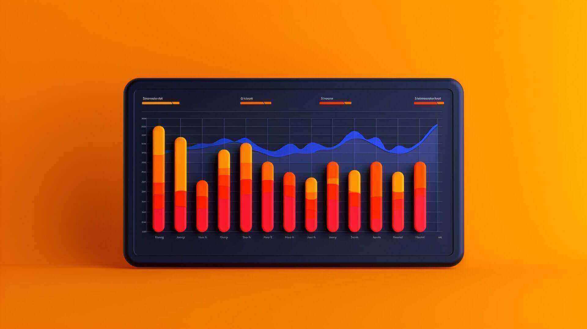 Tablet met een grafiek en analyse dashboard op een oranje achtergrond.