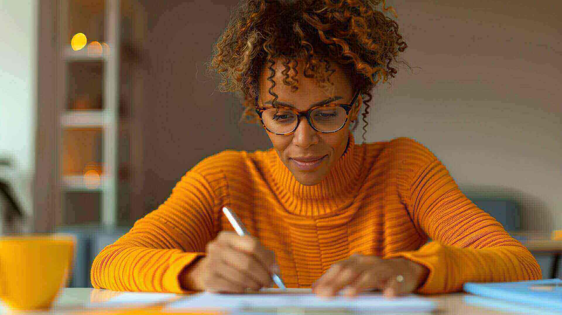 Vrouw in oranje trui werkt geconcentreerd met een pen aan een bureau.