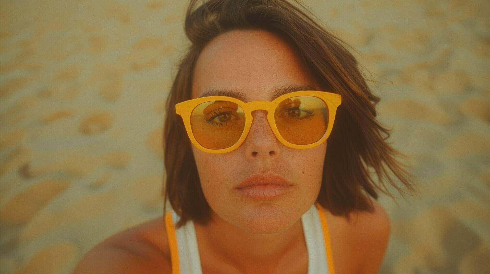 Een persoon met kort bruin haar en een felgele zonnebril draagt, kijkt rechtstreeks in de camera. De achtergrond is een zandstrand, met voetafdrukken zichtbaar in het zand. Ze dragen een witte top met oranje bandjes, klaar voor een Instagram-carrouselpost die met de juiste tips viraal gaat.