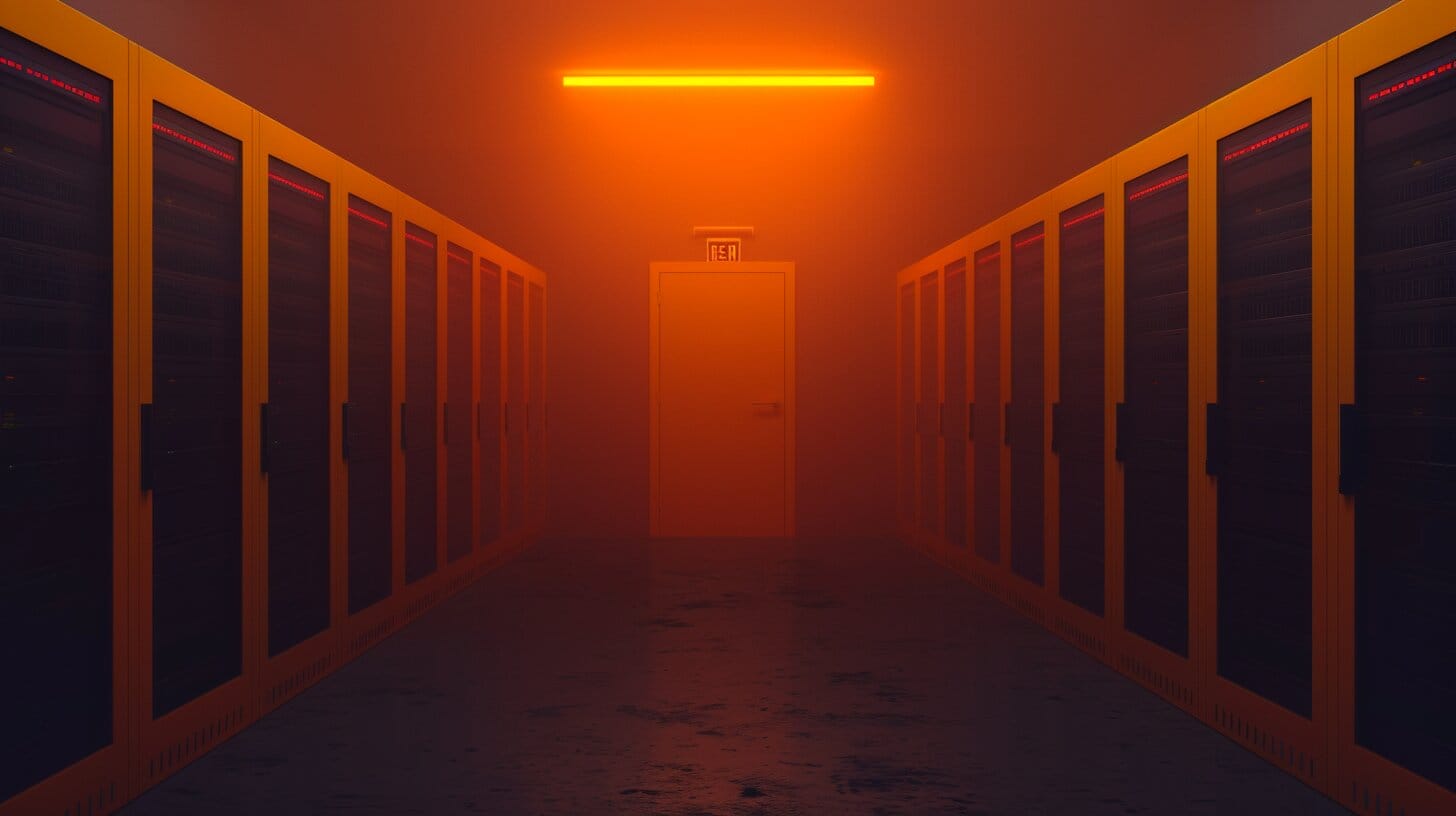 Een zwak verlichte serverruimte met rijen gele serverracks aan beide kanten. Een oranje licht verlicht de ruimte en werpt een warme gloed over de scène. In de verte is een nooduitgang zichtbaar met het opschrift "EXIT" onder de oranje verlichting, wat suggereert dat er een geautomatiseerd AI-systeem aan het werk is.