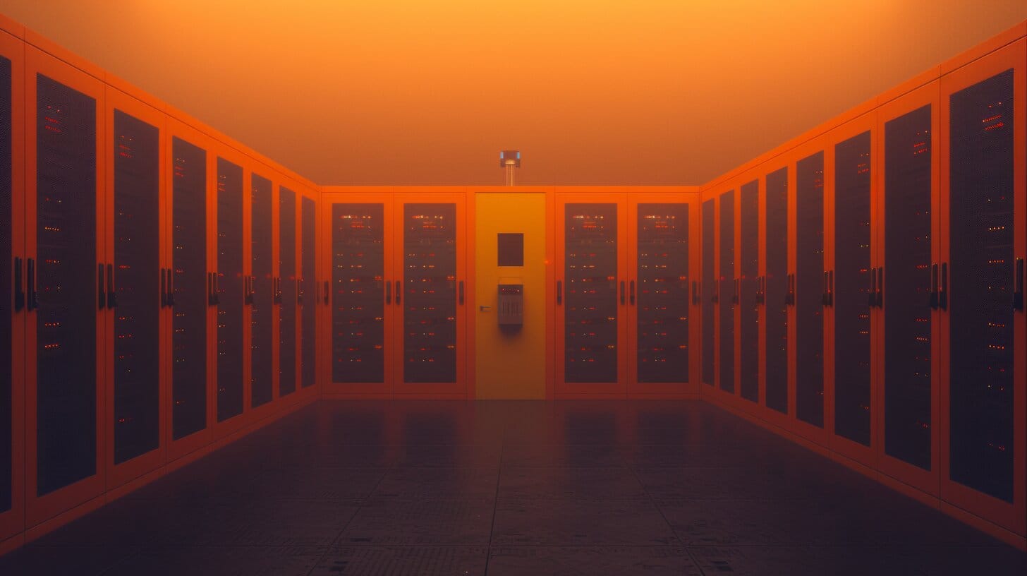 Een slecht verlichte serverruimte met rijen serverracks aan beide kanten, waardoor een gangachtige uitstraling ontstaat. De muren en het plafond stralen een oranje gloed uit en aan het einde van de ruimte is een beveiligingscamera boven een bedieningspaneel gemonteerd, die toezicht houdt op de AI-gestuurde systemen die zijn ontworpen om workflows te automatiseren.