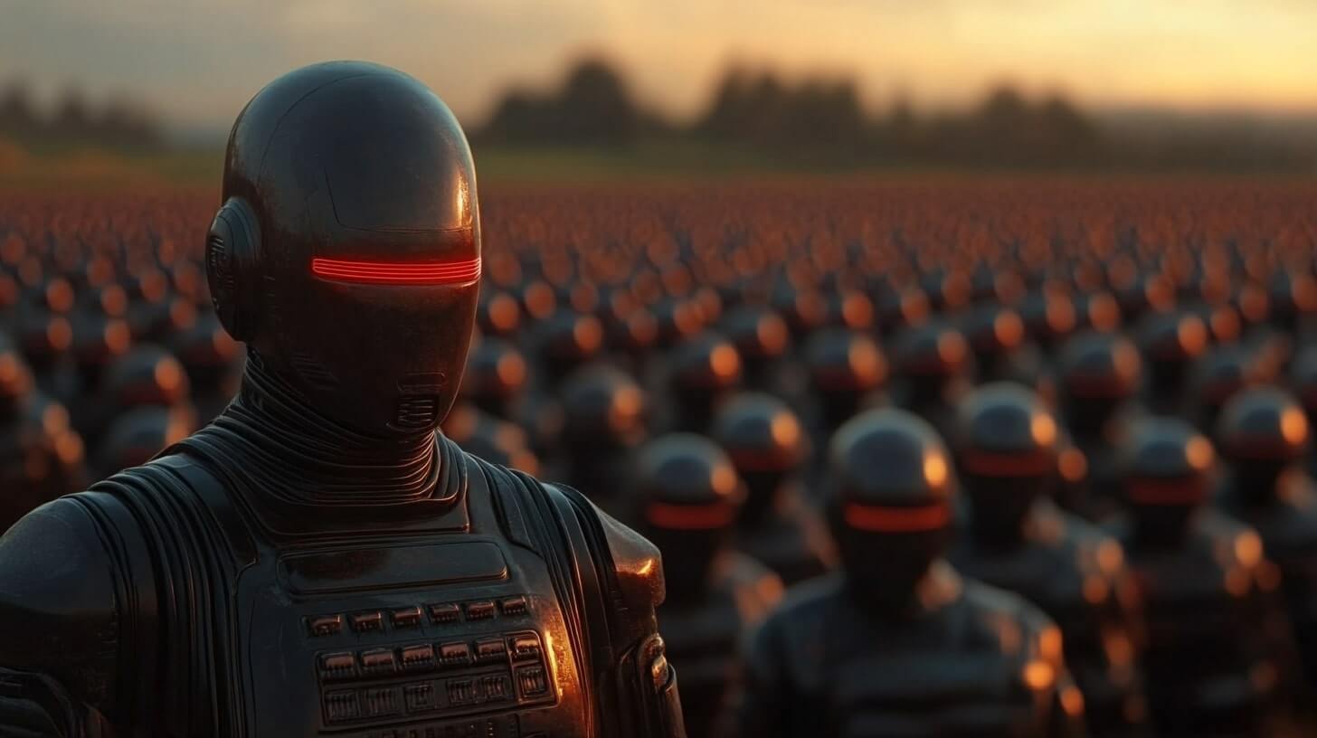 Een futuristisch leger van robots met glimmend zwart pantser en gloeiende rode vizieren staat in formatie op een open veld in de schemering. De buitenkanten van de robots reflecteren het zachte licht van de ondergaande zon, wat hun uniforme en formidabele aanwezigheid benadrukt.