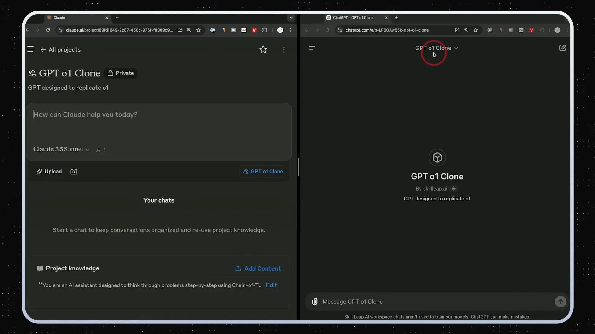 Een split-screen afbeelding met twee browservensters. Het linkervenster toont een chatinterface met de naam "ChatGPT." Het rechtervenster toont een andere chatinterface met de naam "GPT QI Clone." Beide hebben donkere thema's met tekstinvoervelden voor conversatie.