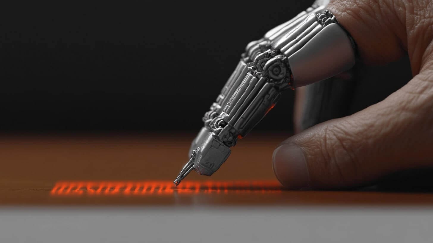Een close-up van een mechanische, robotachtige hand met metalen vingers die gloeiende rode tekst schrijven of etsen op een glad oppervlak. De scène benadrukt de precisie en geavanceerde technologie van de robotachtige hand.