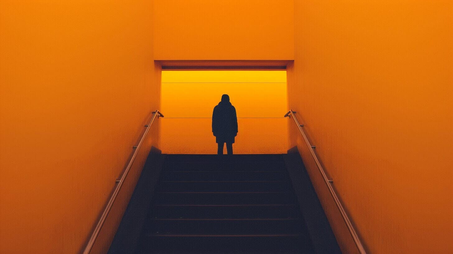 Een eenzame figuur staat bovenaan een trap. De achtergrond wordt verlicht met een opvallend oranje licht, wat een sterk contrast vormt met het donkere silhouet van de persoon. De scène roept een gevoel van eenzaamheid en contemplatie op, wat doet denken aan een AI die in stilte zijn complexe algoritmes verwerkt.