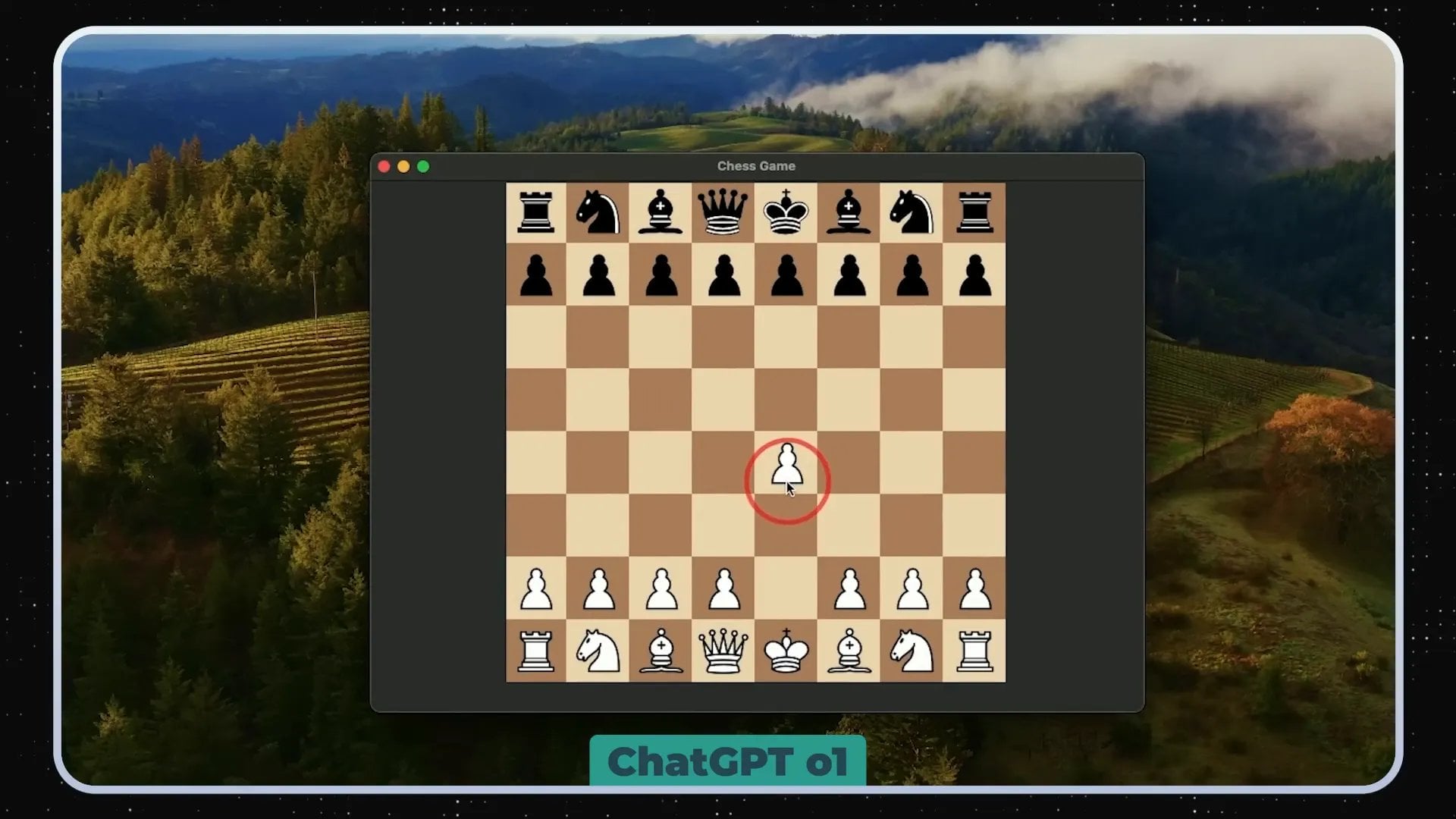 Een computerscherm toont een schaakspel met het bord in de beginpositie. De witte pion op e4 is twee velden vooruitgegaan, aangegeven door een rode cirkel eromheen. De achtergrond toont een schilderachtig landschap met bergen, velden en wolken. Een computerscherm toont een schaakspel met het bord in de beginpositie. De witte pion op e4 is twee velden vooruitgegaan, aangegeven door een rode cirkel eromheen. De achtergrond toont een schilderachtig landschap met bergen, velden en wolken.