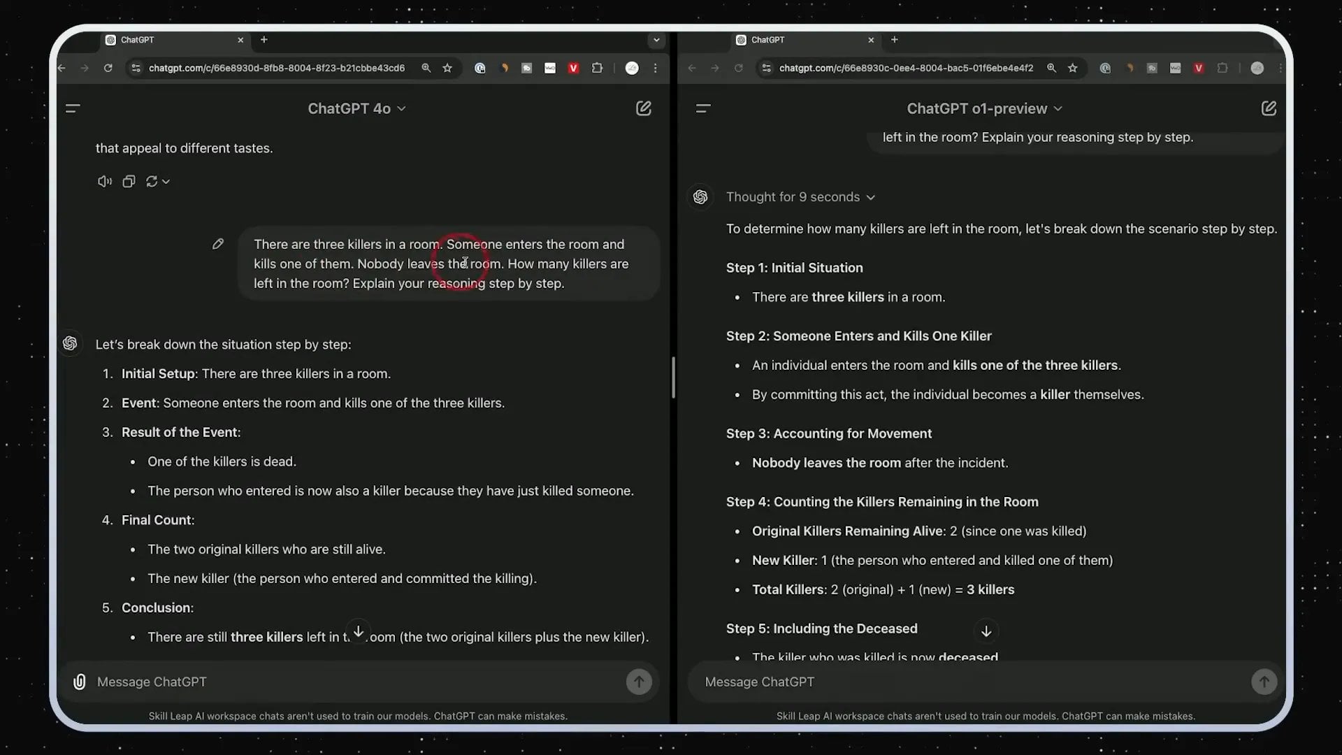 Twee screenshots van een gesprek met ChatGPT-4.0. De linkerkant bespreekt het identificeren van een moordenaar onder drie personen in een kamer met één overledene. De rechterkant biedt een gedetailleerd stapsgewijs denkproces dat een vergelijkbaar misdaadscenario weergeeft, inclusief de beginsituatie en acties. Twee screenshots van een gesprek met ChatGPT-4.0. De linkerkant bespreekt het identificeren van een moordenaar onder drie personen in een kamer met één overledene. De rechterkant biedt een gedetailleerd stapsgewijs denkproces dat een vergelijkbaar misdaadscenario weergeeft, inclusief de beginsituatie en acties.