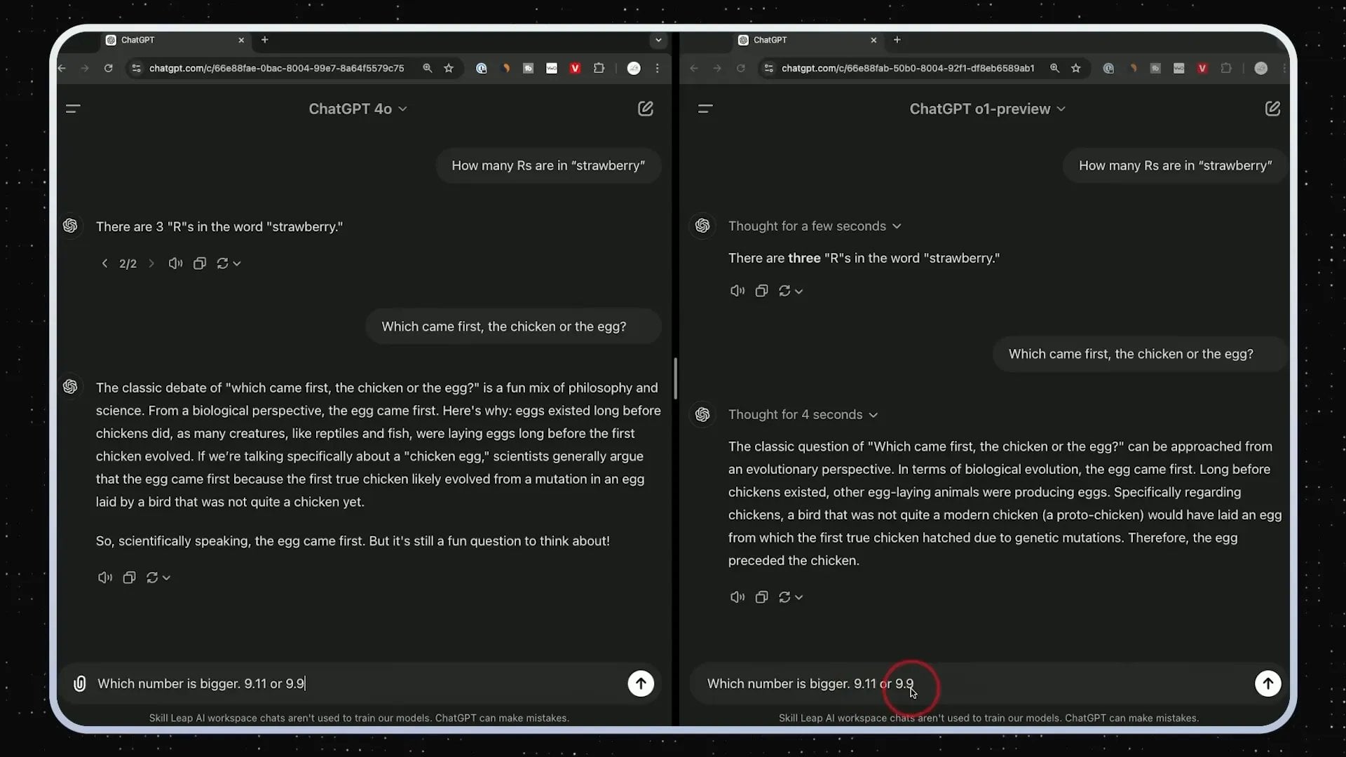 Twee browservensters tonen discussies met ChatGPT-4. Links bespreekt de chat het woord "aardbei" en de klassieke vraag over de kip en het ei. Rechts beantwoordt het dezelfde vragen. Een omcirkeld getal rechtsonder vraagt naar de grootste van 3 en 9. Twee browservensters tonen discussies met ChatGPT-4. Links bespreekt de chat het woord "aardbei" en de klassieke vraag over de kip en het ei. Rechts beantwoordt het dezelfde vragen. Een omcirkeld getal rechtsonder vraagt naar de grootste van 3 en 9.