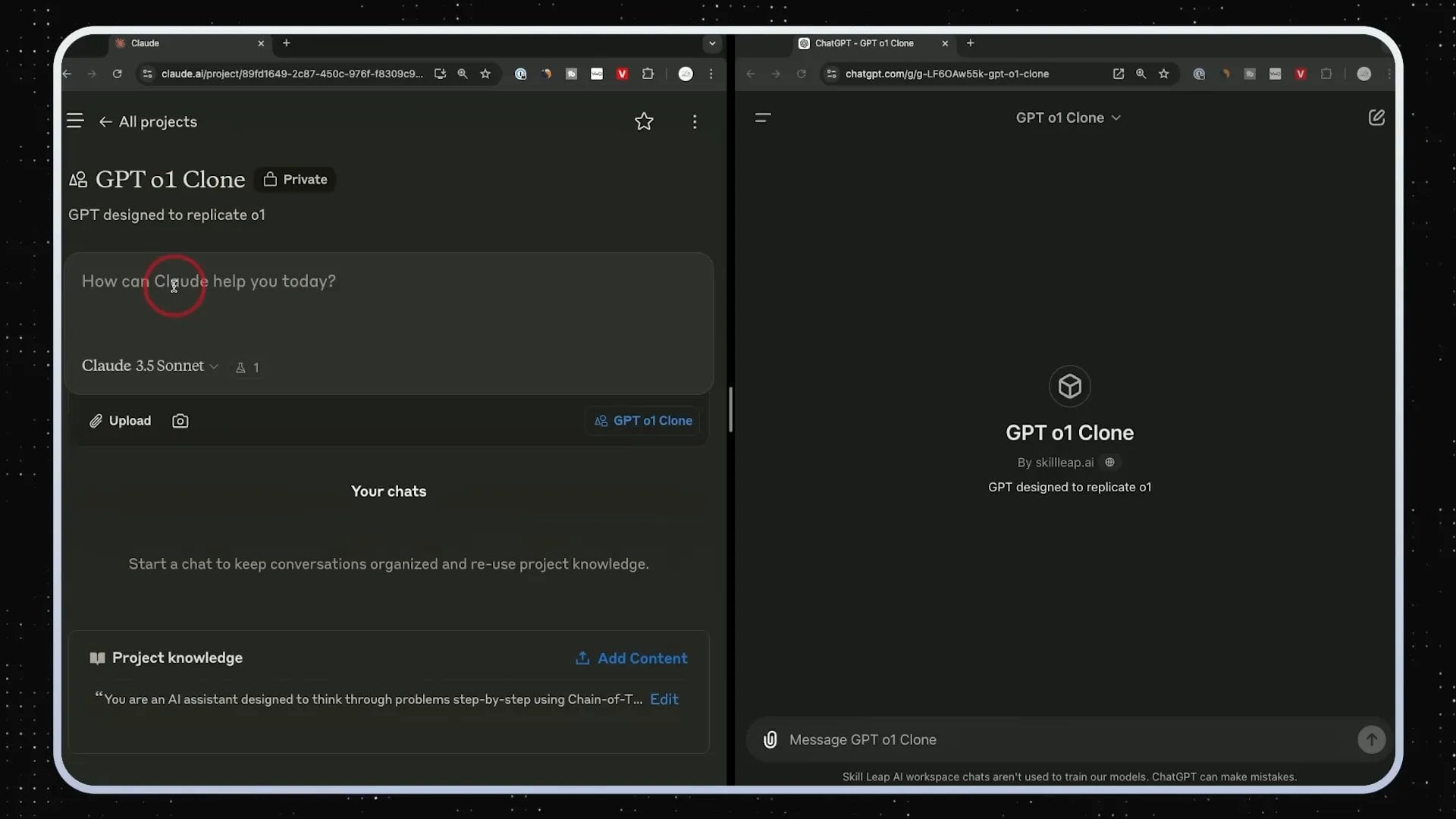 Een computerscherm met twee naast elkaar geplaatste webbrowservensters. Het linkervenster heeft een chatinterface met de prompt "Claude 2.0 zegt hallo!" Het rechtervenster is gelabeld als "GPT CI Clone" met het bericht "GPT designed to replicate..." en geen actieve chatinhoud. Een computerscherm met twee naast elkaar geplaatste webbrowservensters. Het linkervenster heeft een chatinterface met de prompt "Claude 2.0 zegt hallo!" Het rechtervenster is gelabeld als "GPT CI Clone" met het bericht "GPT designed to replicate..." en geen actieve chatinhoud.
