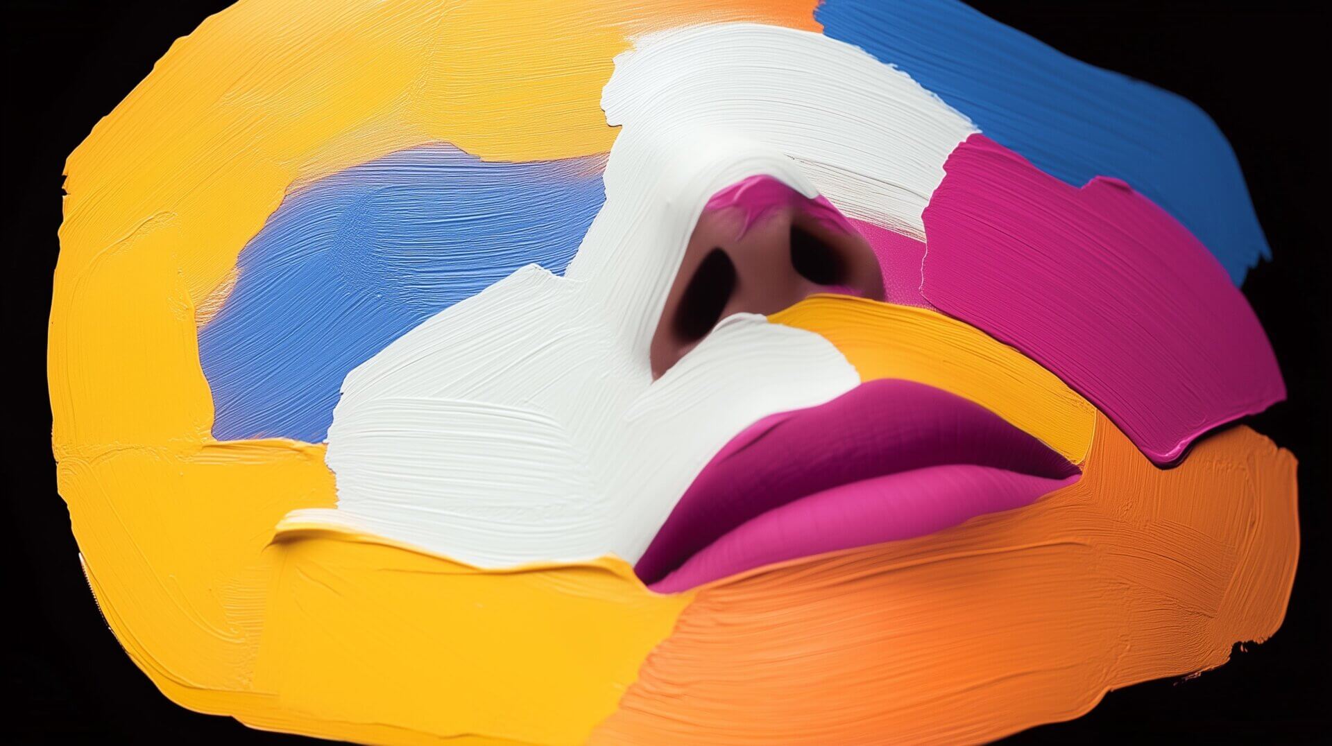 Een close-up afbeelding van iemands gezicht versierd met opvallende, gestructureerde verf in levendige kleuren zoals geel, wit, blauw en roze. Dit abstracte en artistieke effect tegen een zwarte achtergrond legt de creatieve geest van Midjourney vast.