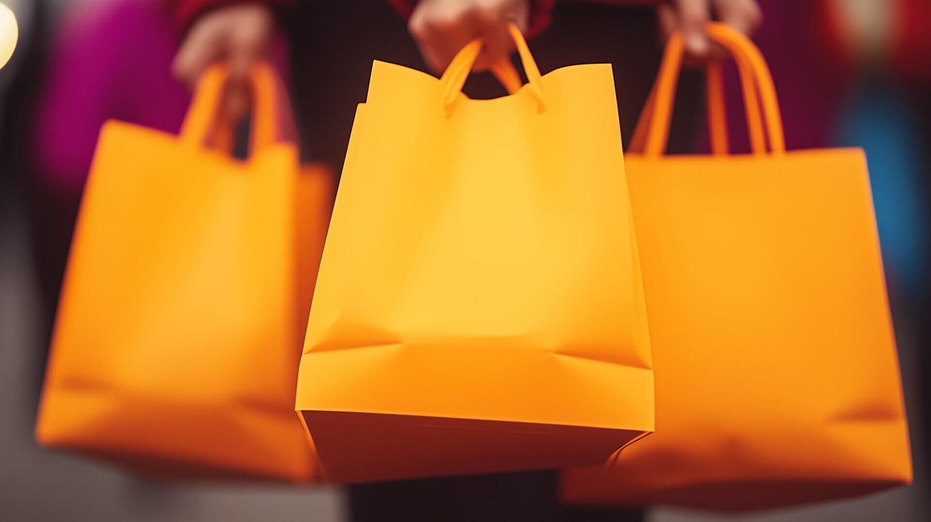 Close-up van handen die drie feloranje boodschappentassen met handvatten vasthouden, die de essentie van een Black Friday-shoppingspree vastleggen. De achtergrond is wazig, waardoor de levendige kleur van de tassen wordt benadrukt: een perfecte momentopname voor marketingcampagnes in 2024.