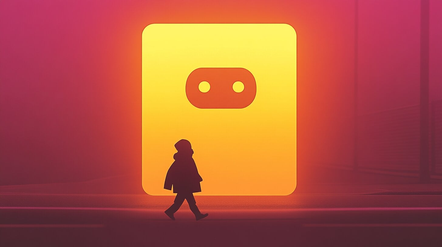 Een silhouet van een persoon loopt langs een groot, gloeiend vierkant bord met een abstract robotgezicht, dat doet denken aan ChatGPT, tegen een levendige roze en oranje achtergrond. De sfeer is mistig en futuristisch.