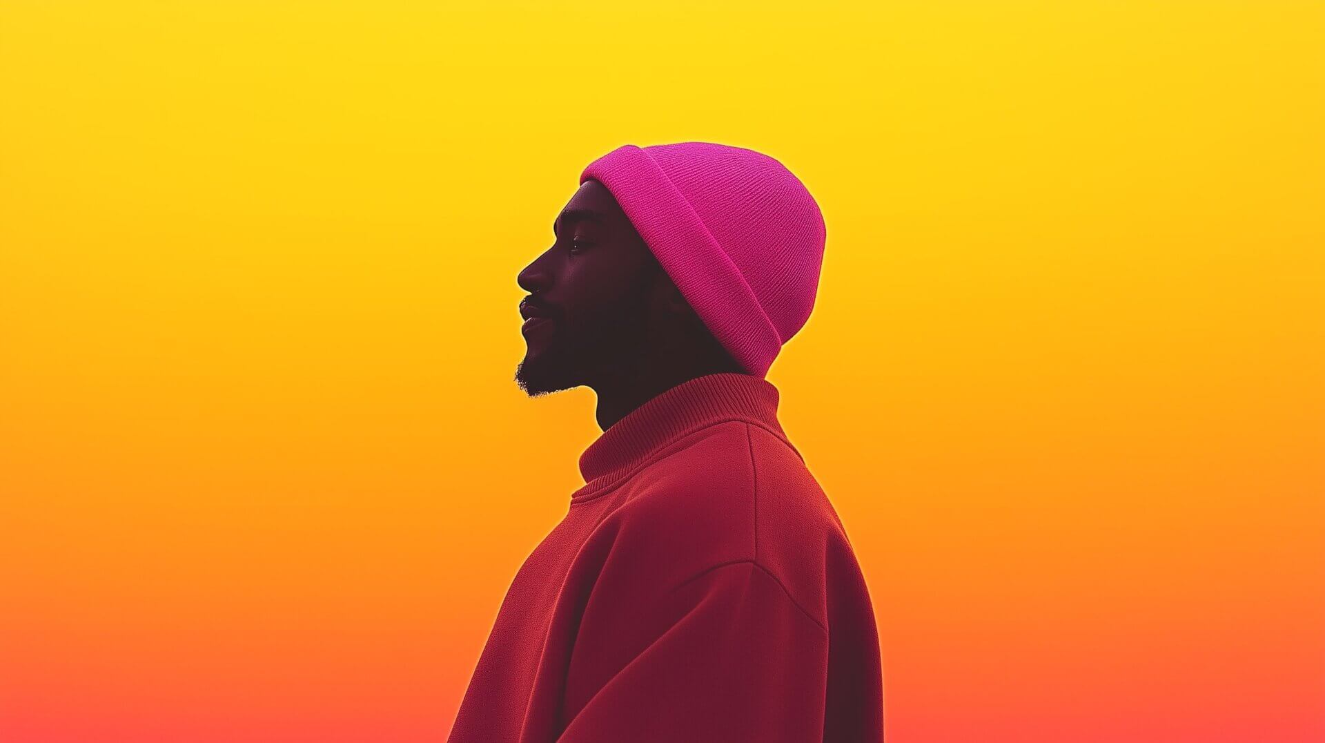 Een persoon in profiel met een roze muts en rode trui staat tegen een levendige achtergrond met een kleurverloop van geel naar oranje, perfect voor Instagram-content. De afbeelding heeft een moderne, artistieke uitstraling met felle en contrasterende kleuren.