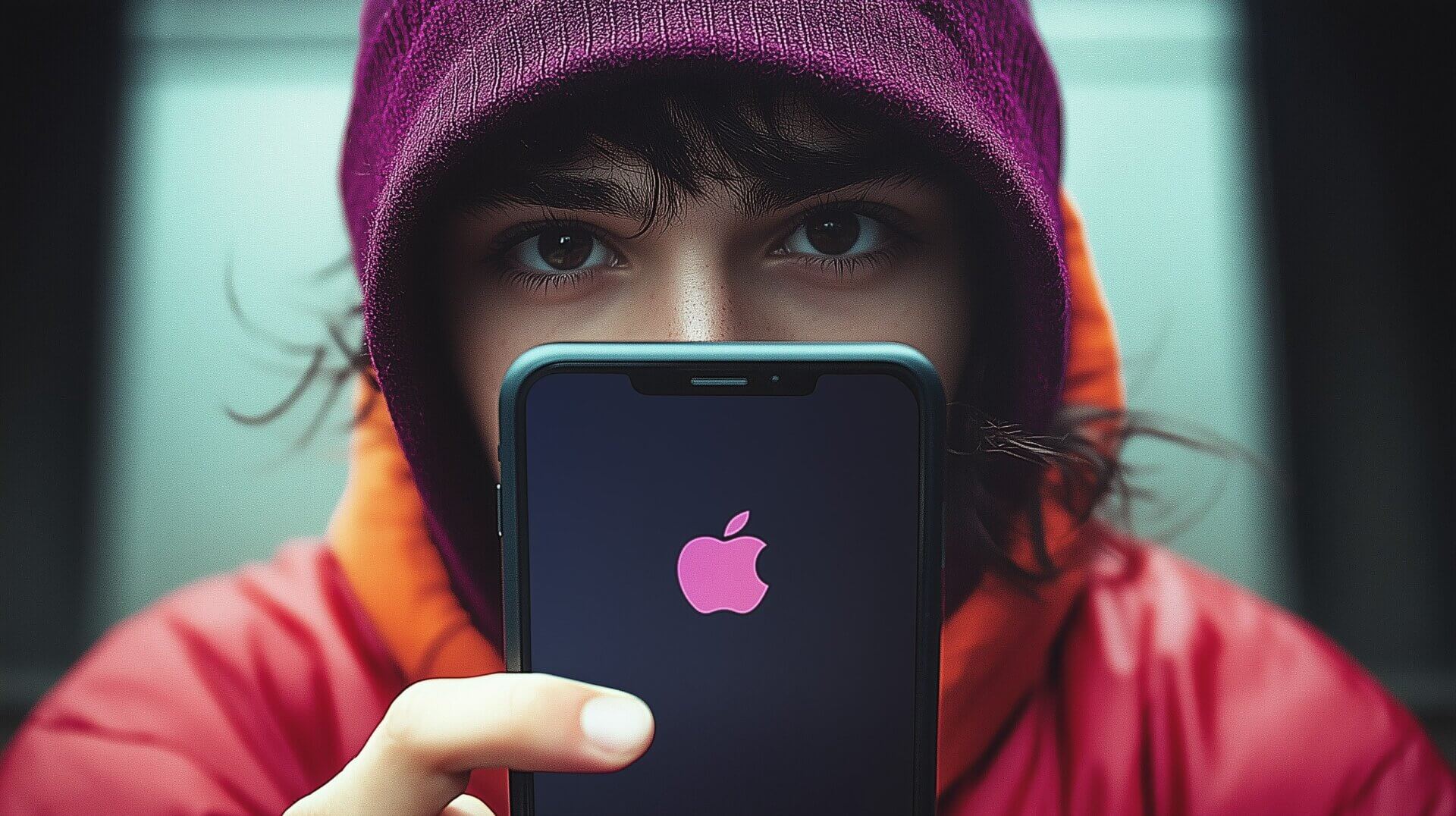 Een persoon met een paarse muts en een oranje hoodie houdt een telefoon vast met een roze appellogo, wat doet denken aan de speelse stijl van TikTok. De achtergrond is wazig, waardoor de aandacht op de telefoon en de ogen van de persoon wordt gevestigd, alsof ze bespreken hoe ze een shadowban kunnen voorkomen.
